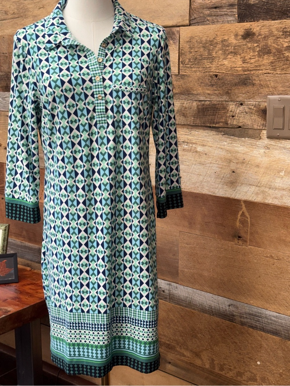 Donna Morgan Geometric Diamond Shirt Dress 3/4 Sleeve Green Blue Knit M